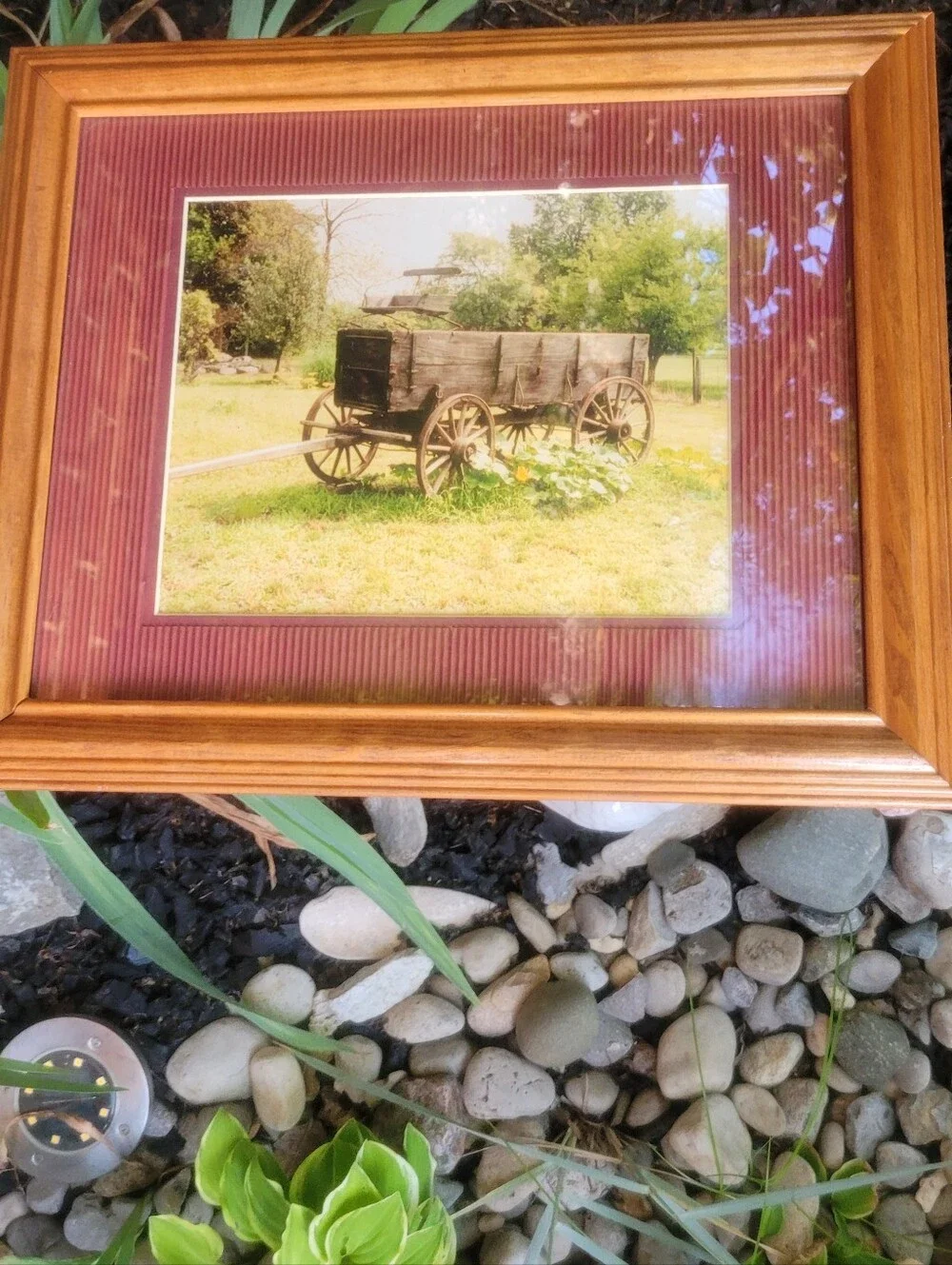 Wood Frame Rustic Wagon Print in Burgundy Mat